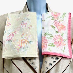 2 Pierre Cardin MiniScarf/Handkerchief Cotton 18", Ligh Yellow Pink Floral (85)